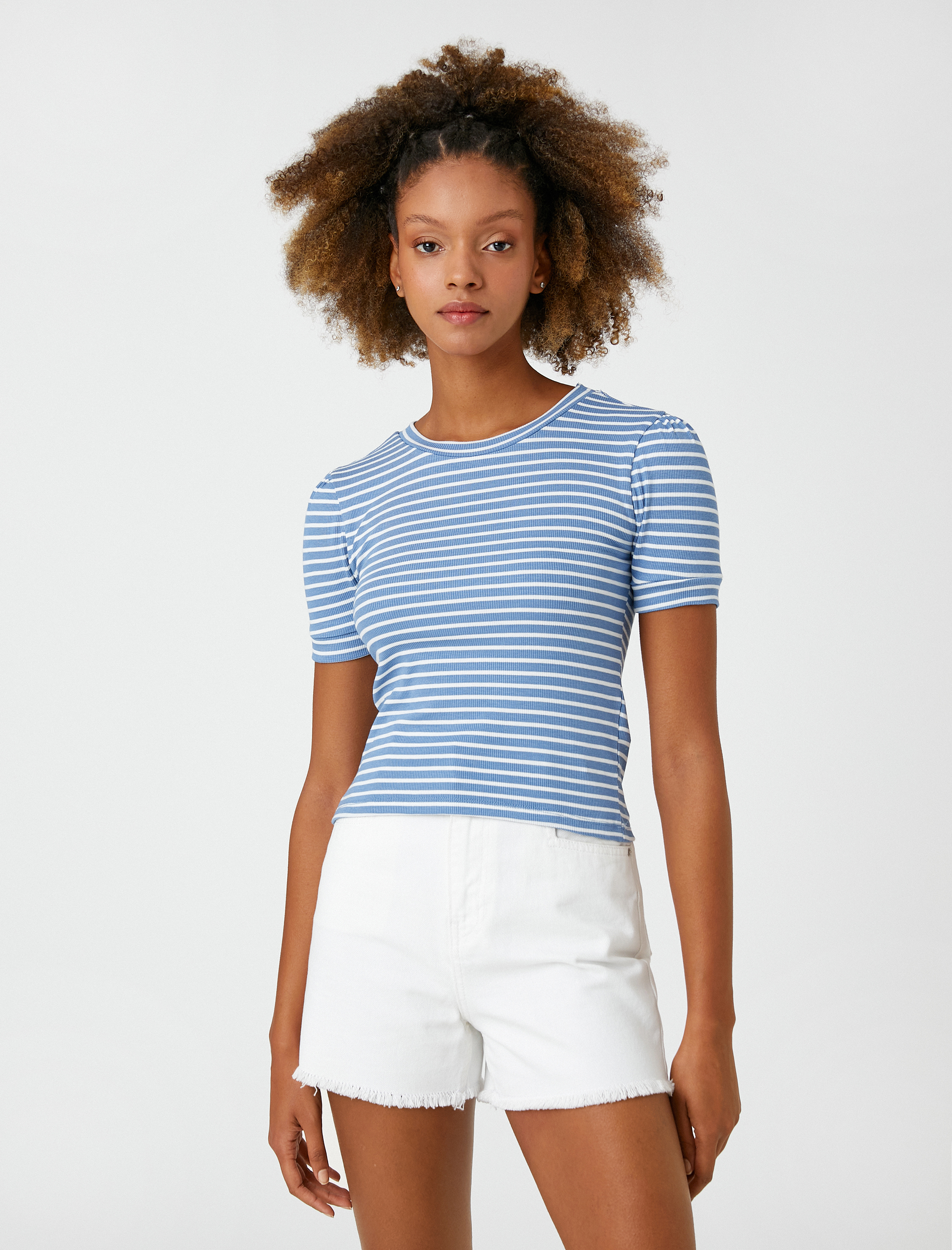   Bisiklet Yaka Tişört Kısa Kollu Fitilli Desenli