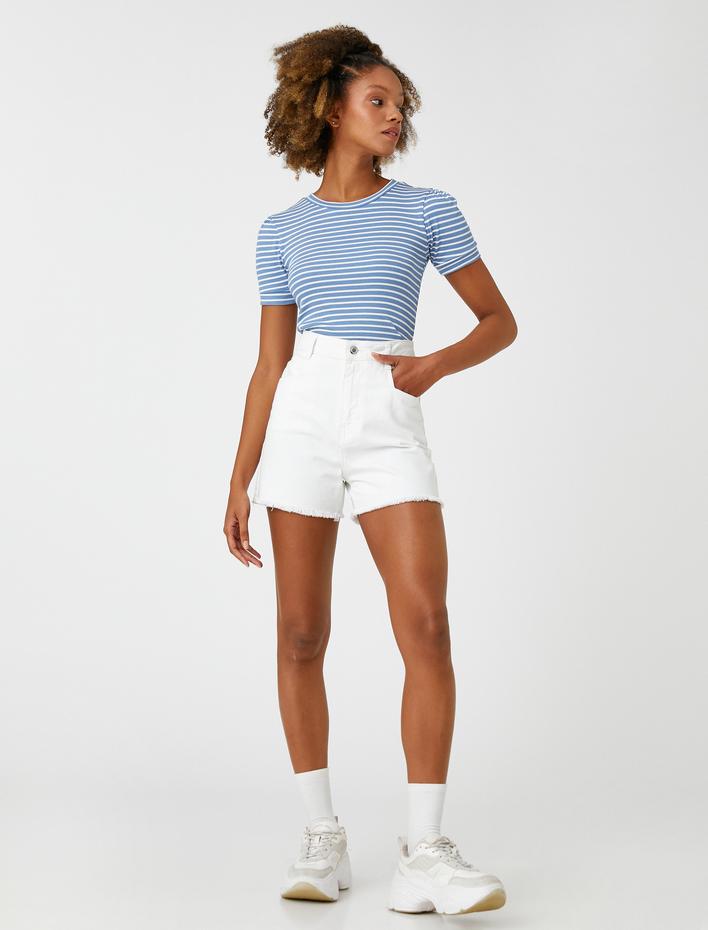  Bisiklet Yaka Tişört Kısa Kollu Fitilli Desenli