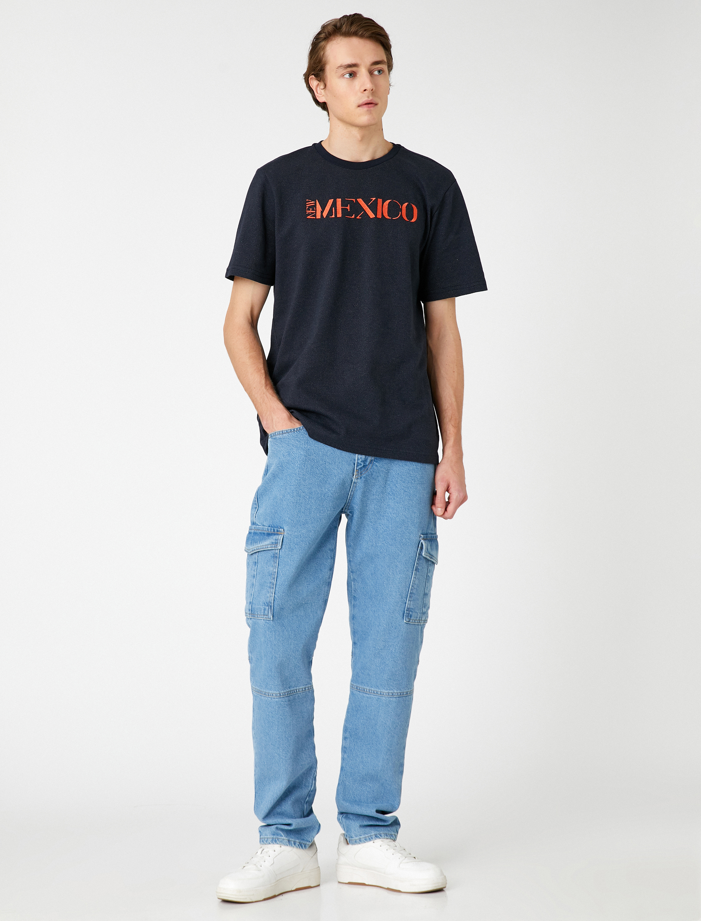   Dokuma Tişört Yazı İşlemeli Bisiklet Yaka Kısa Kollu