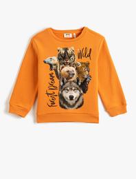 Hayvanlar Baskılı Sweatshirt Uzun Kollu Bisiklet Yaka Şardonlu