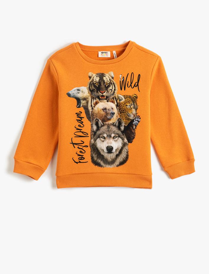 Erkek Çocuk Hayvanlar Baskılı Sweatshirt Uzun Kollu Bisiklet Yaka Şardonlu