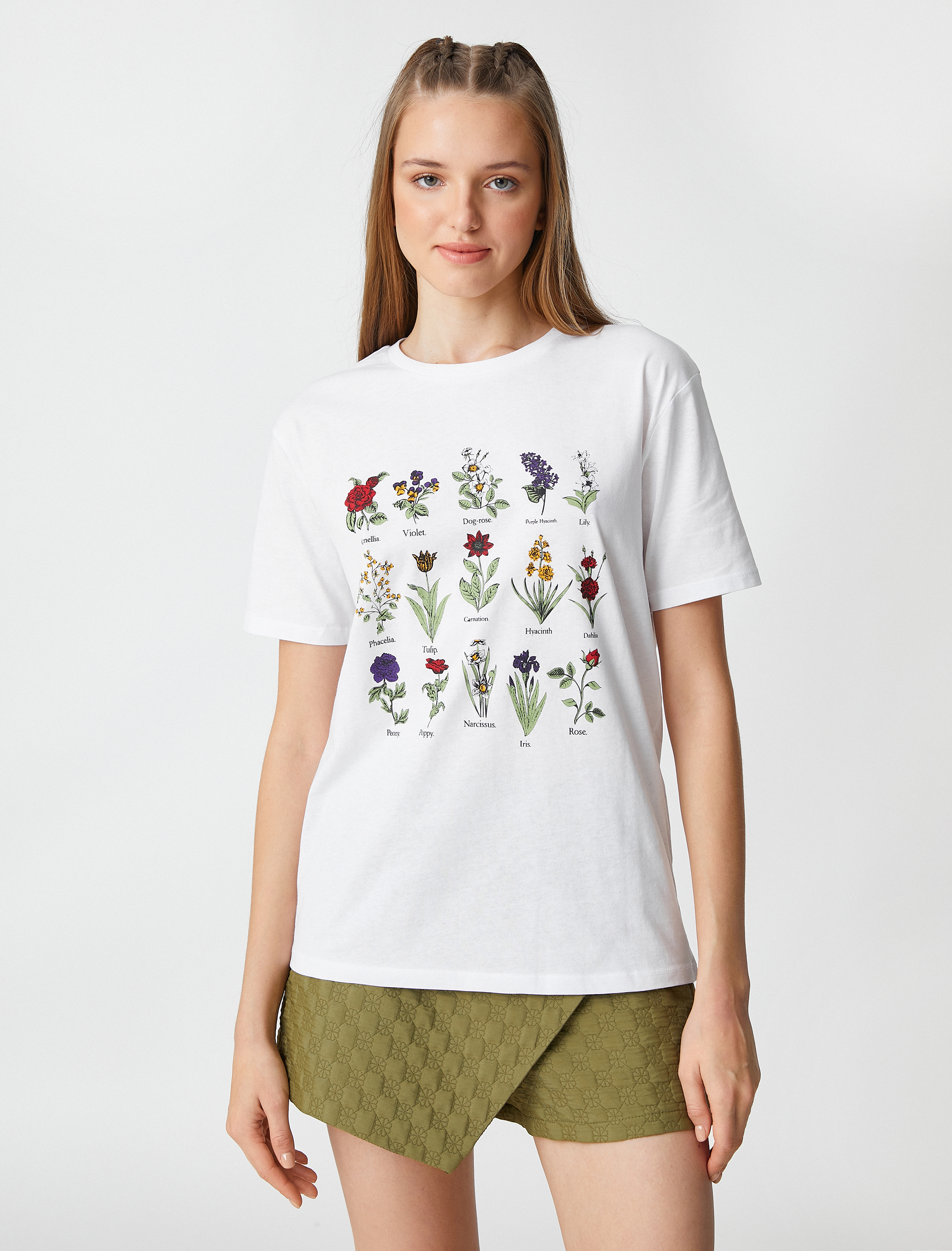   Çiçek Baskılı Tişört Bisiklet Yaka Kısa Kollu