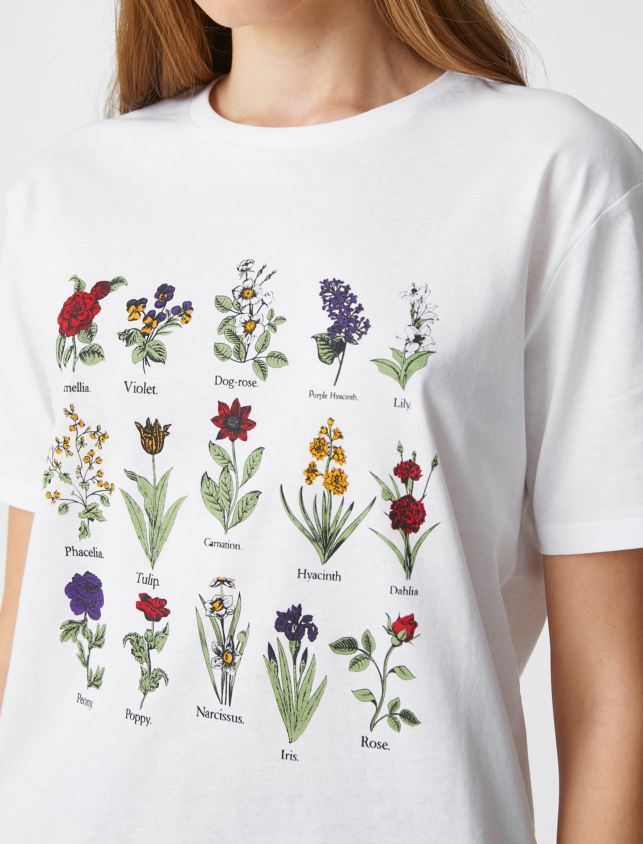   Çiçek Baskılı Tişört Bisiklet Yaka Kısa Kollu