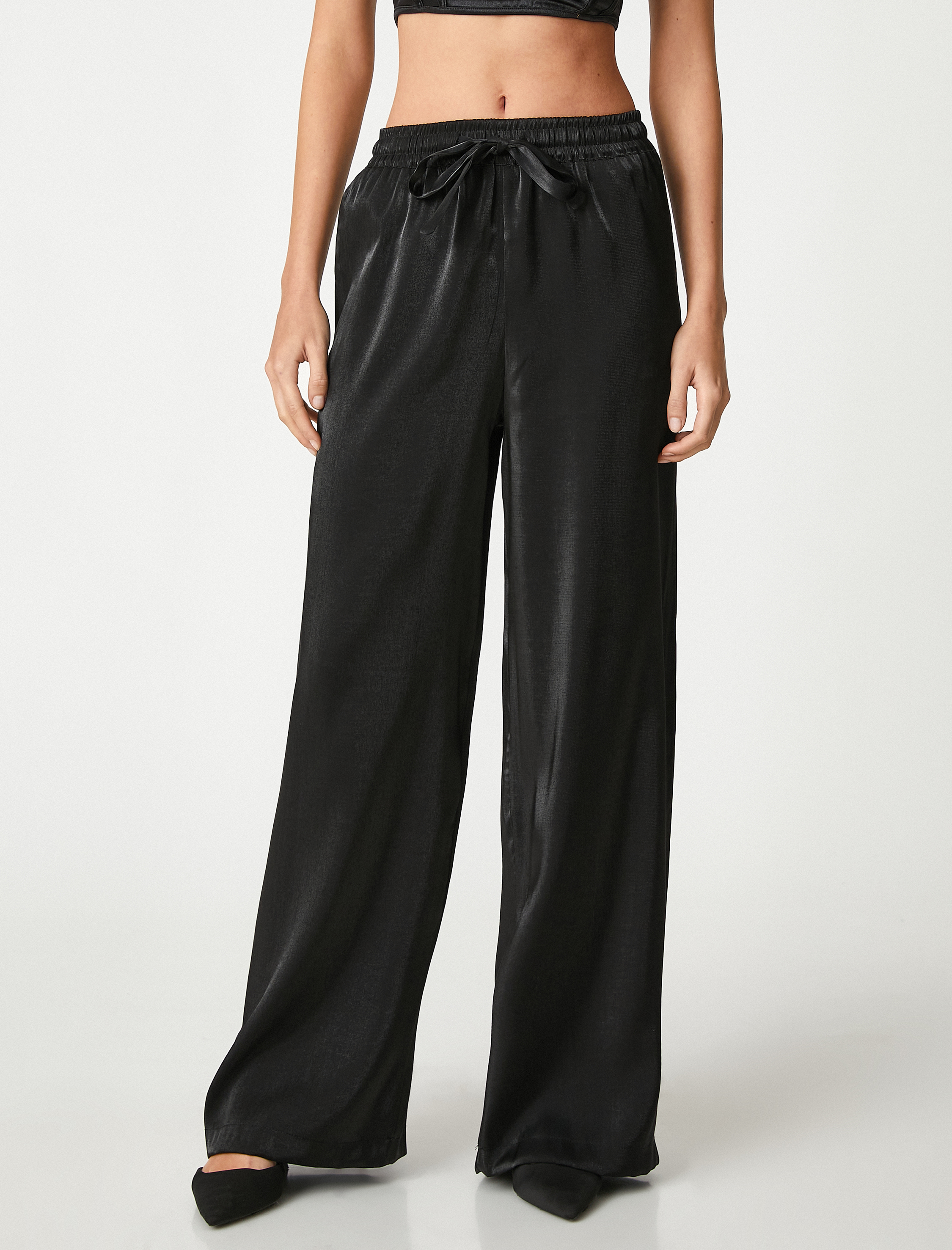   Saten Palazzo Pantolon Beli Bağlamalı