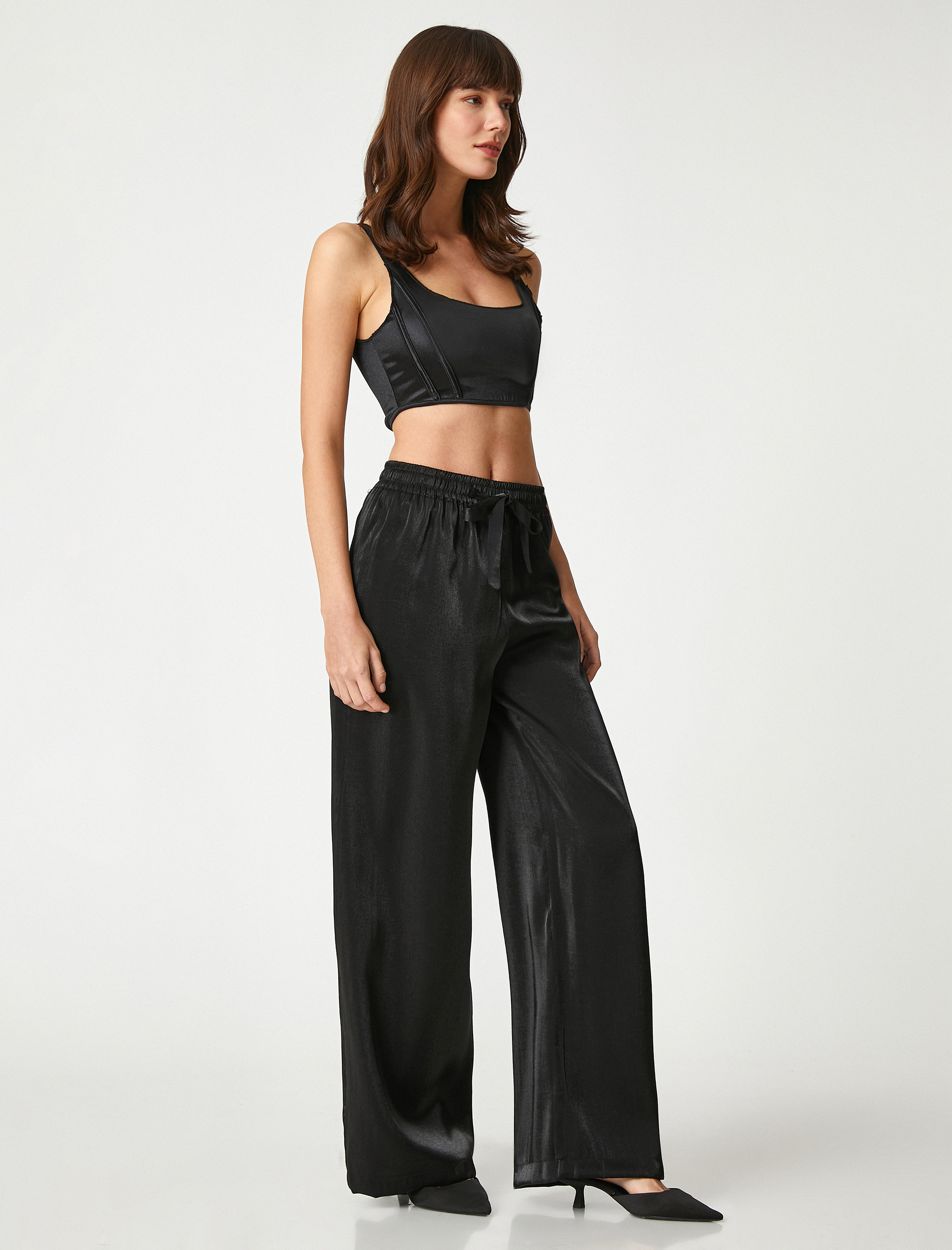   Saten Palazzo Pantolon Beli Bağlamalı