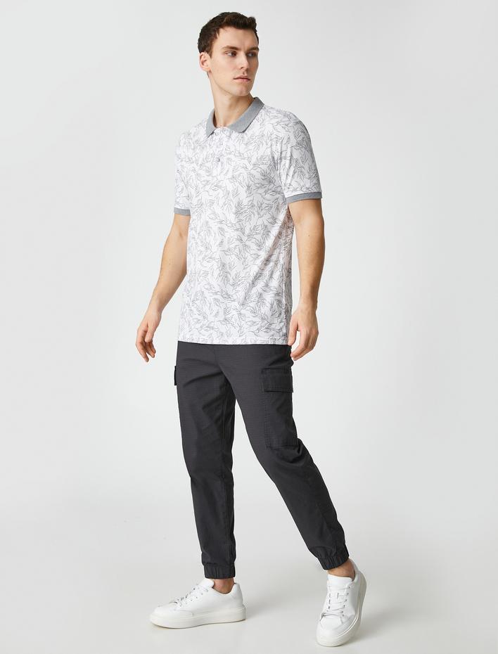  Polo Yaka Tişört Çiçekli Düğmeli Kısa Kollu Dar Kesim