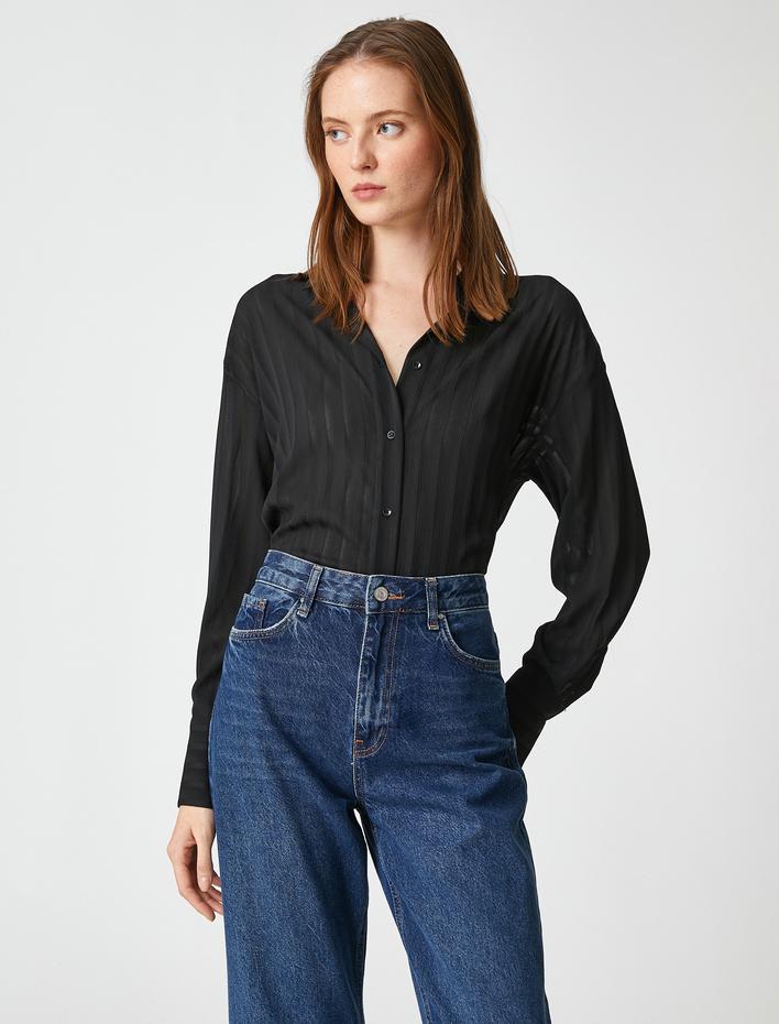  Çizgili Gömlek Düğmeli Uzun Kollu