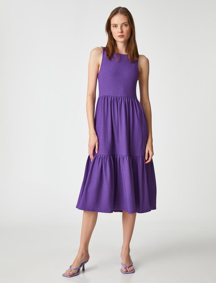  Katlı Midi Boy Elbise Kolsuz Yuvarlak Yaka