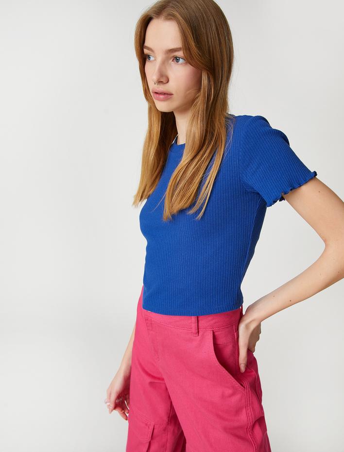  Crop Tişört Kısa Kollu Bisiklet Yaka Dokulu