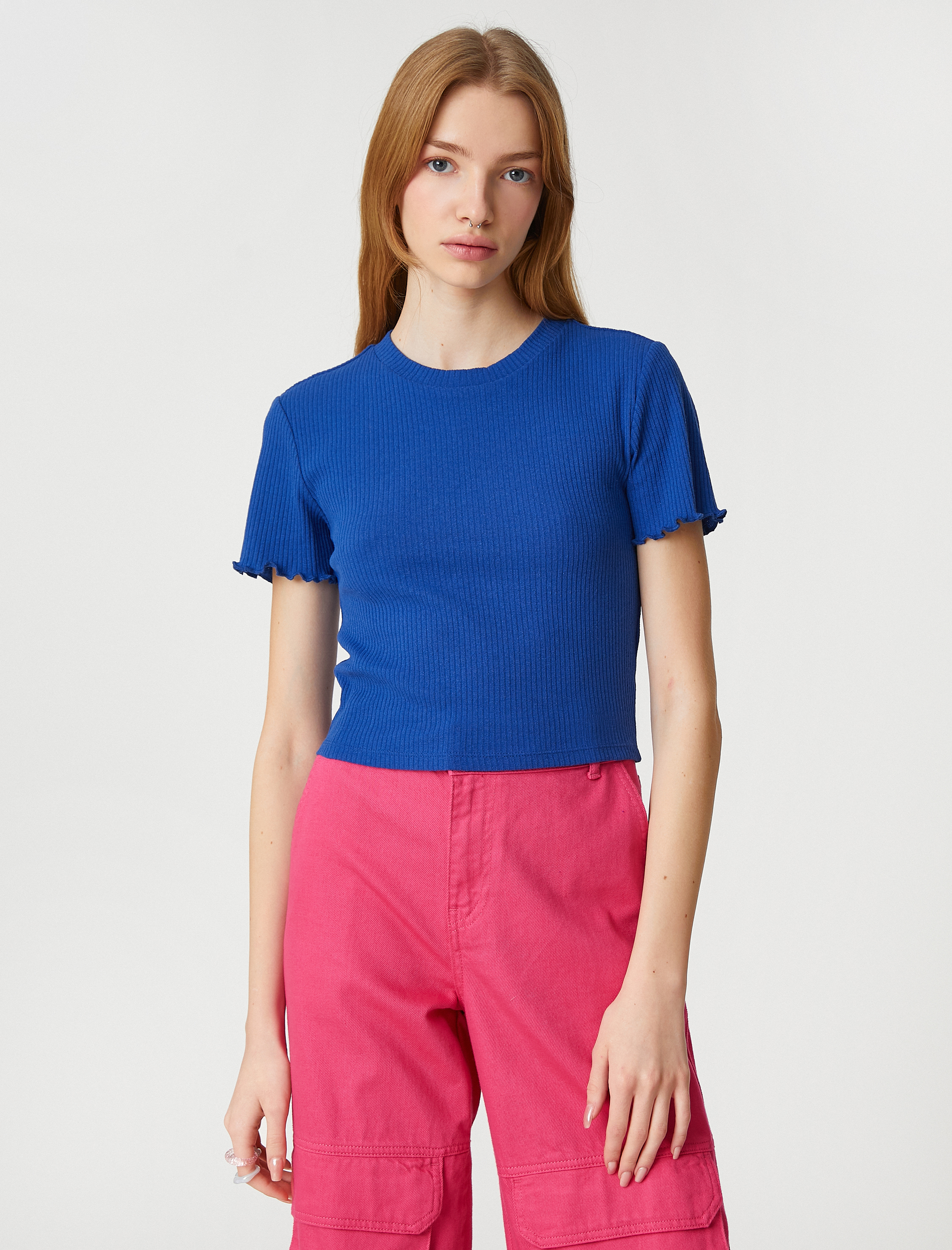   Crop Tişört Kısa Kollu Bisiklet Yaka Dokulu