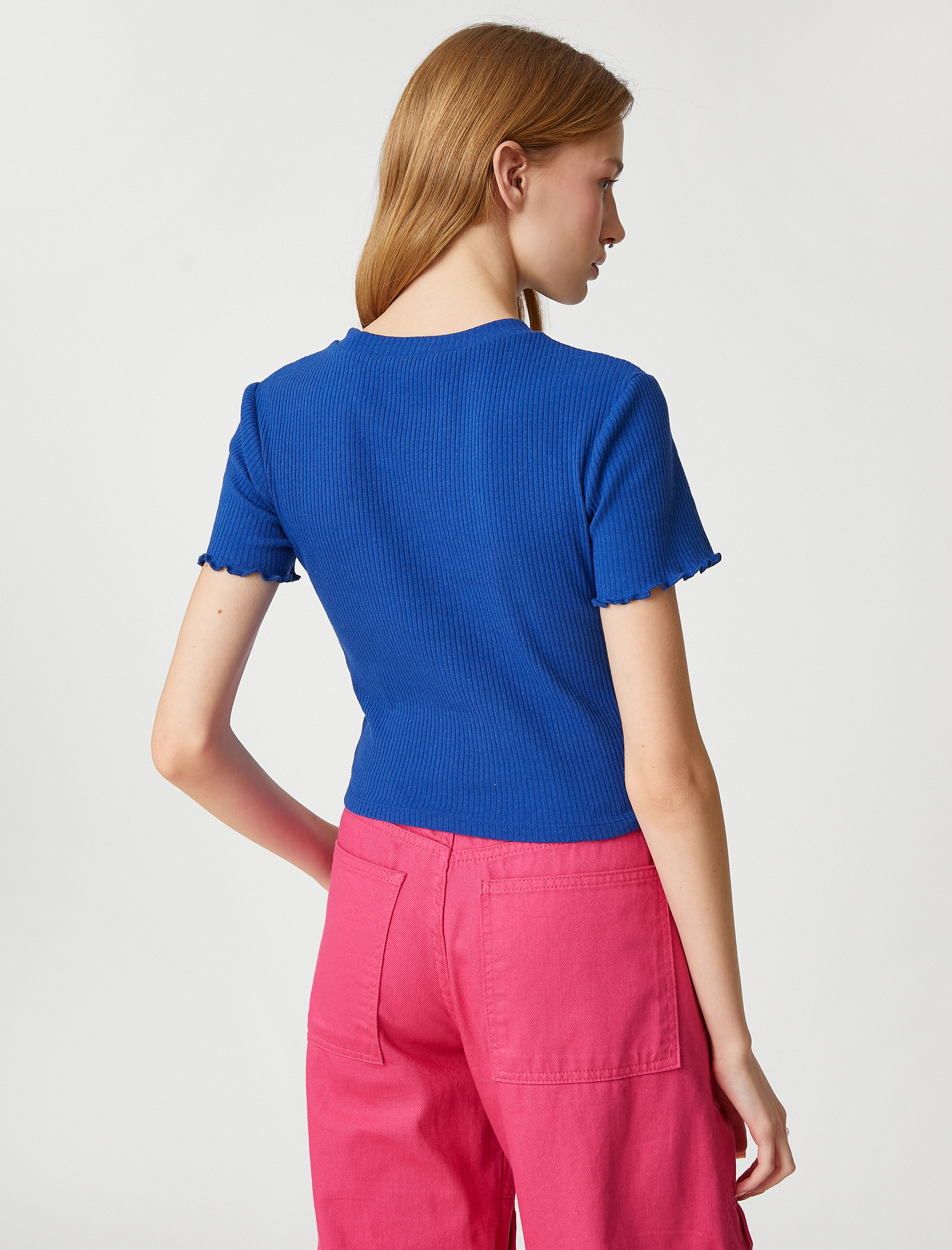   Crop Tişört Kısa Kollu Bisiklet Yaka Dokulu