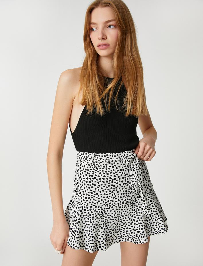  Şort Etek Beli Kuşaklı Desenli Volanlı Bürümcük