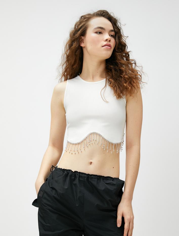  Crop Büstiyer Sallantılı Parlak Taş Detaylı Bisiklet Yaka