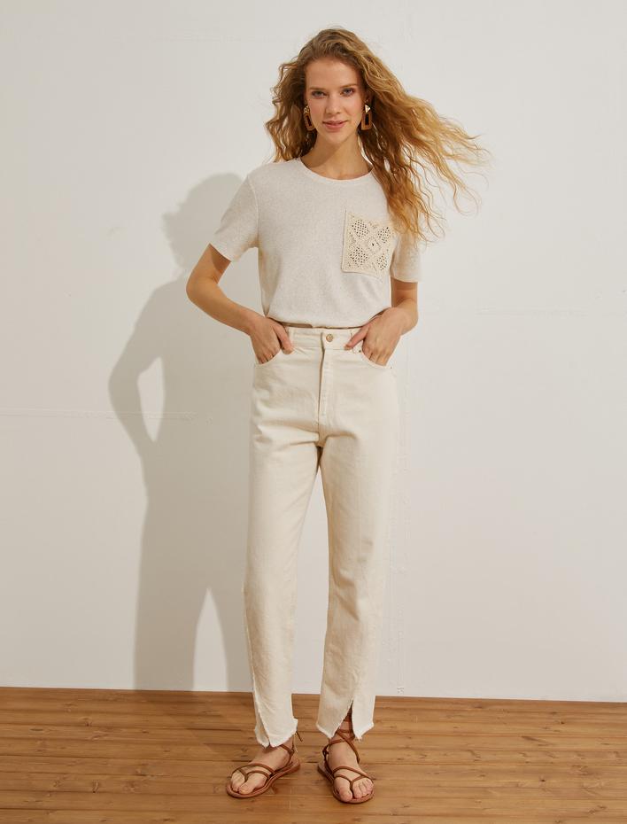  Kroşe Örgü Cepli Tişört Keten Karışımlı