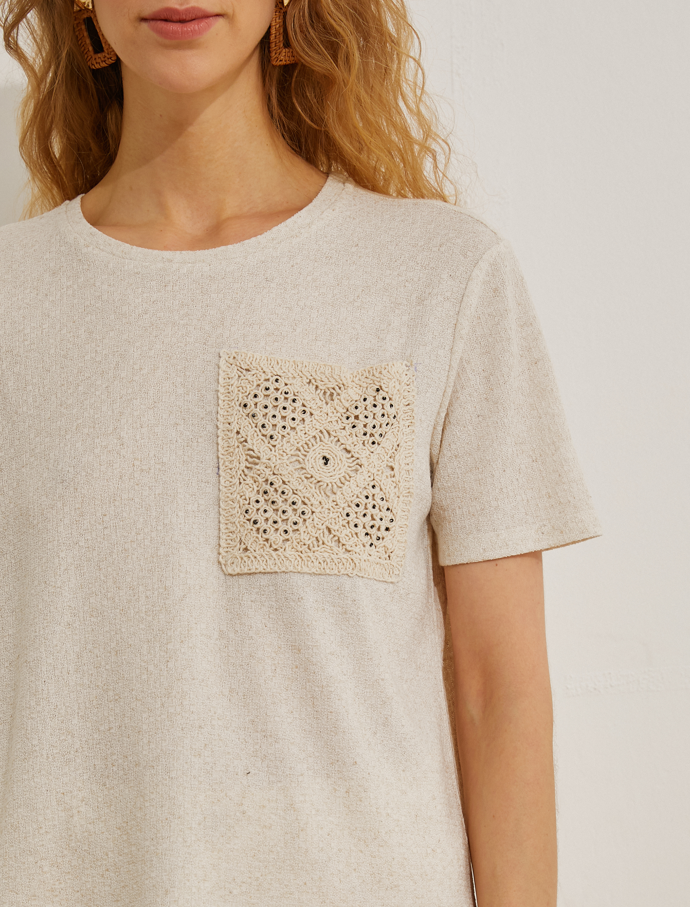   Kroşe Örgü Cepli Tişört Keten Karışımlı