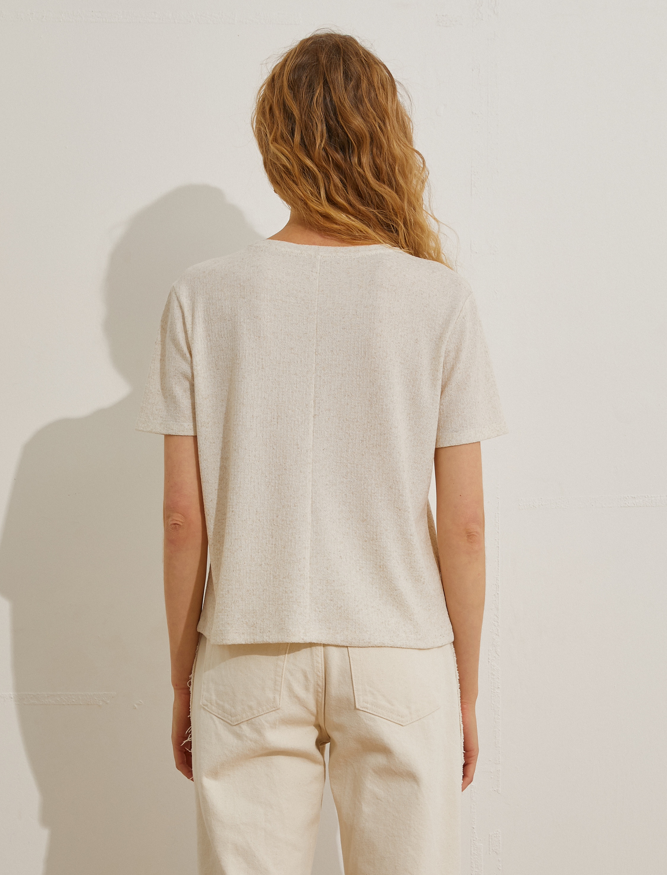   Kroşe Örgü Cepli Tişört Keten Karışımlı