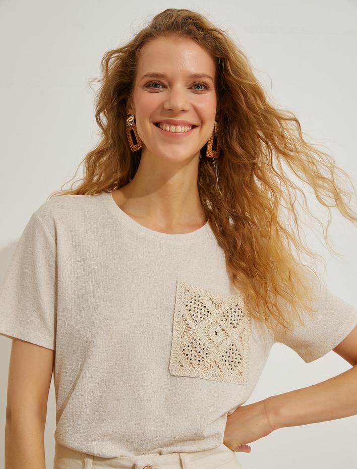  Kroşe Örgü Cepli Tişört Keten Karışımlı