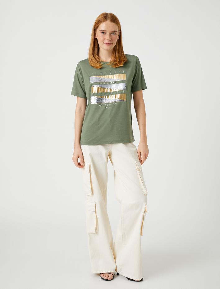  Payetli Tişört Kısa Kollu Bisiklet Yaka