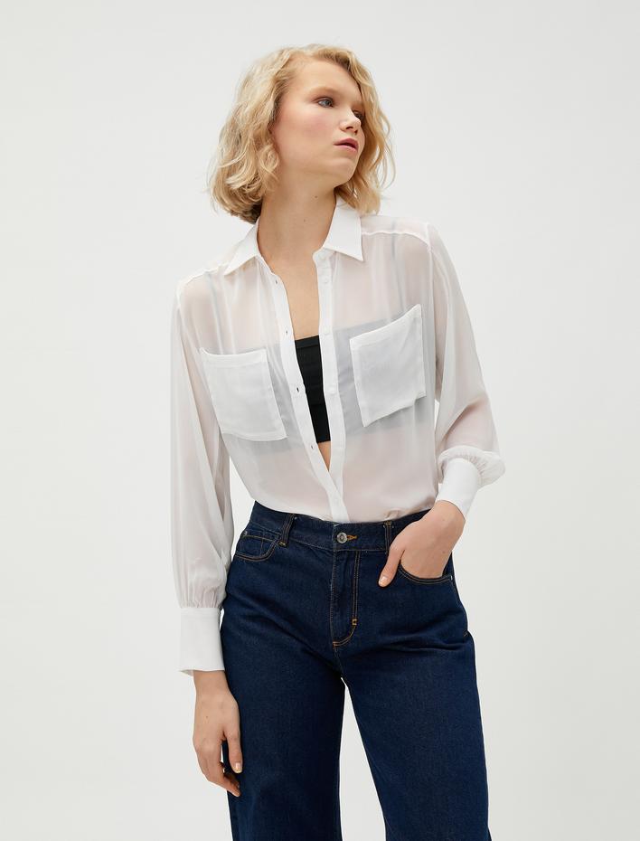 Transparan Gömlek Uzun Kollu Çift Cepli