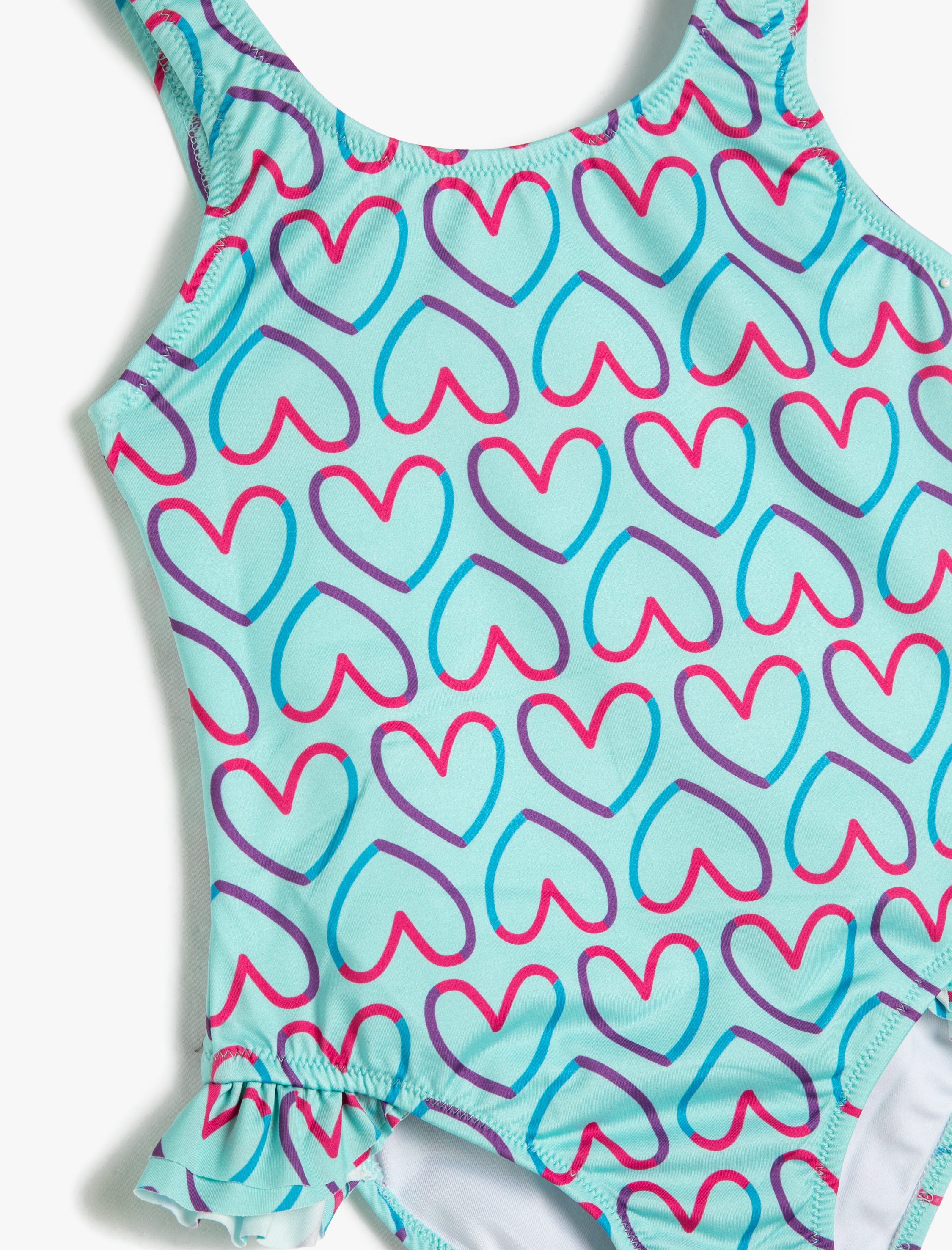  Kız Çocuk Mayo Fırfır Detaylı Kalp Baskılı