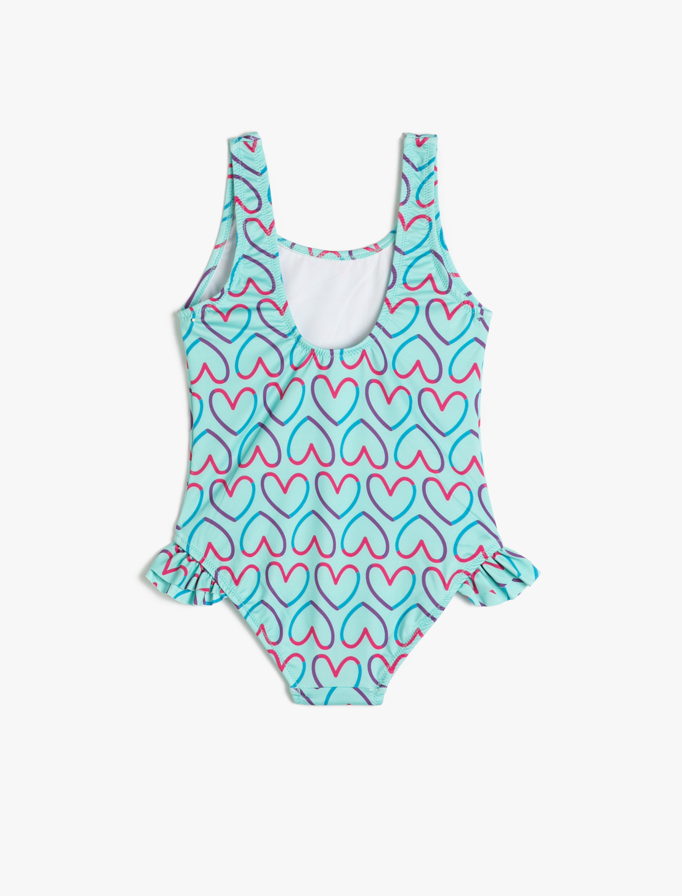  Kız Çocuk Mayo Fırfır Detaylı Kalp Baskılı