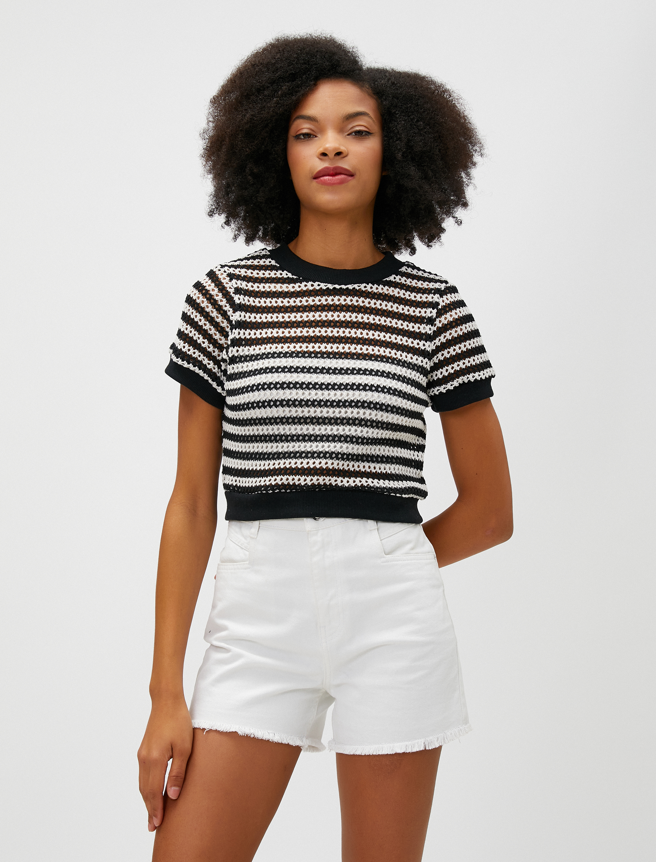   Crop Kroşe Tişört File Kısa Kollu Bisiklet Yaka Ajurlu