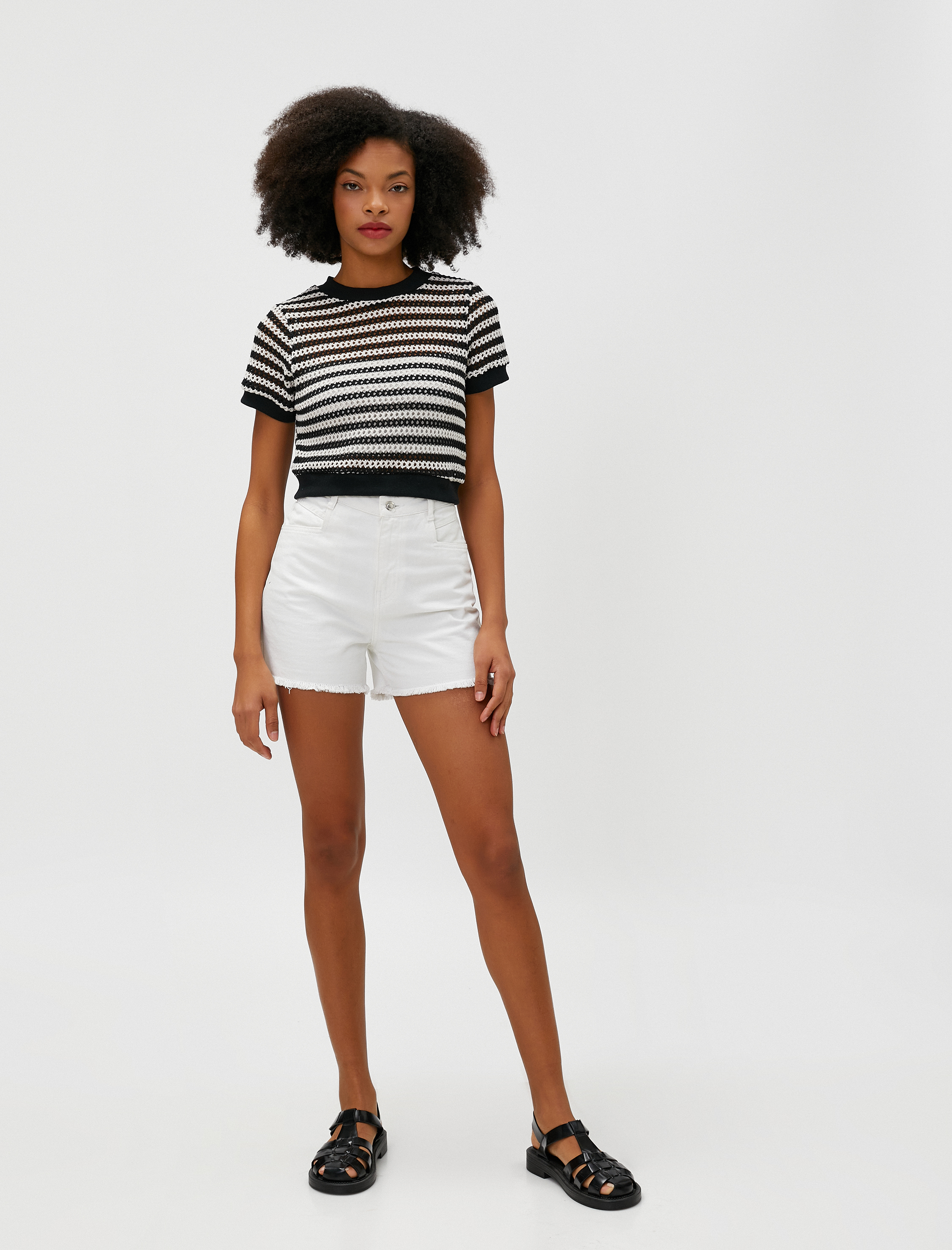   Crop Kroşe Tişört File Kısa Kollu Bisiklet Yaka Ajurlu