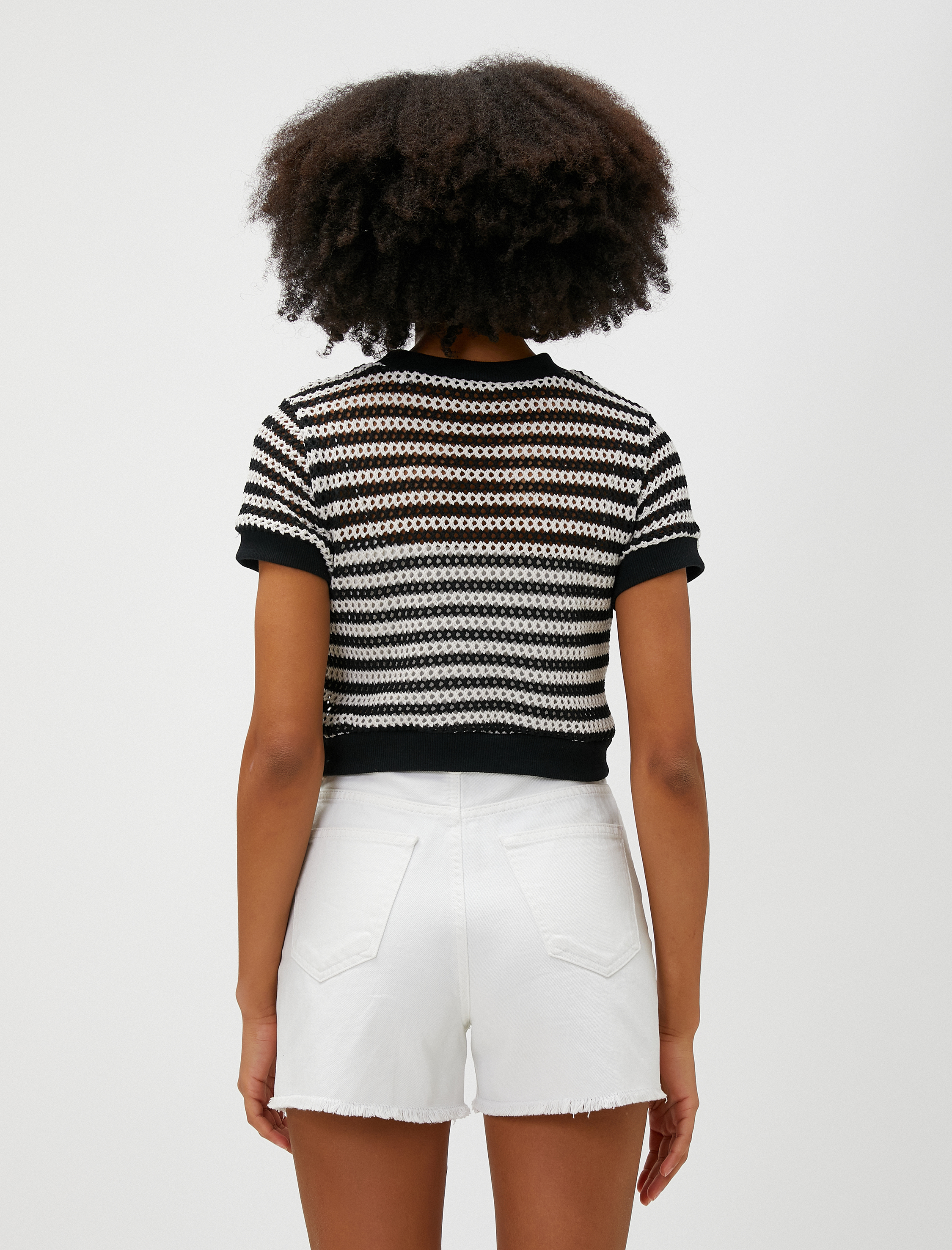   Crop Kroşe Tişört File Kısa Kollu Bisiklet Yaka Ajurlu