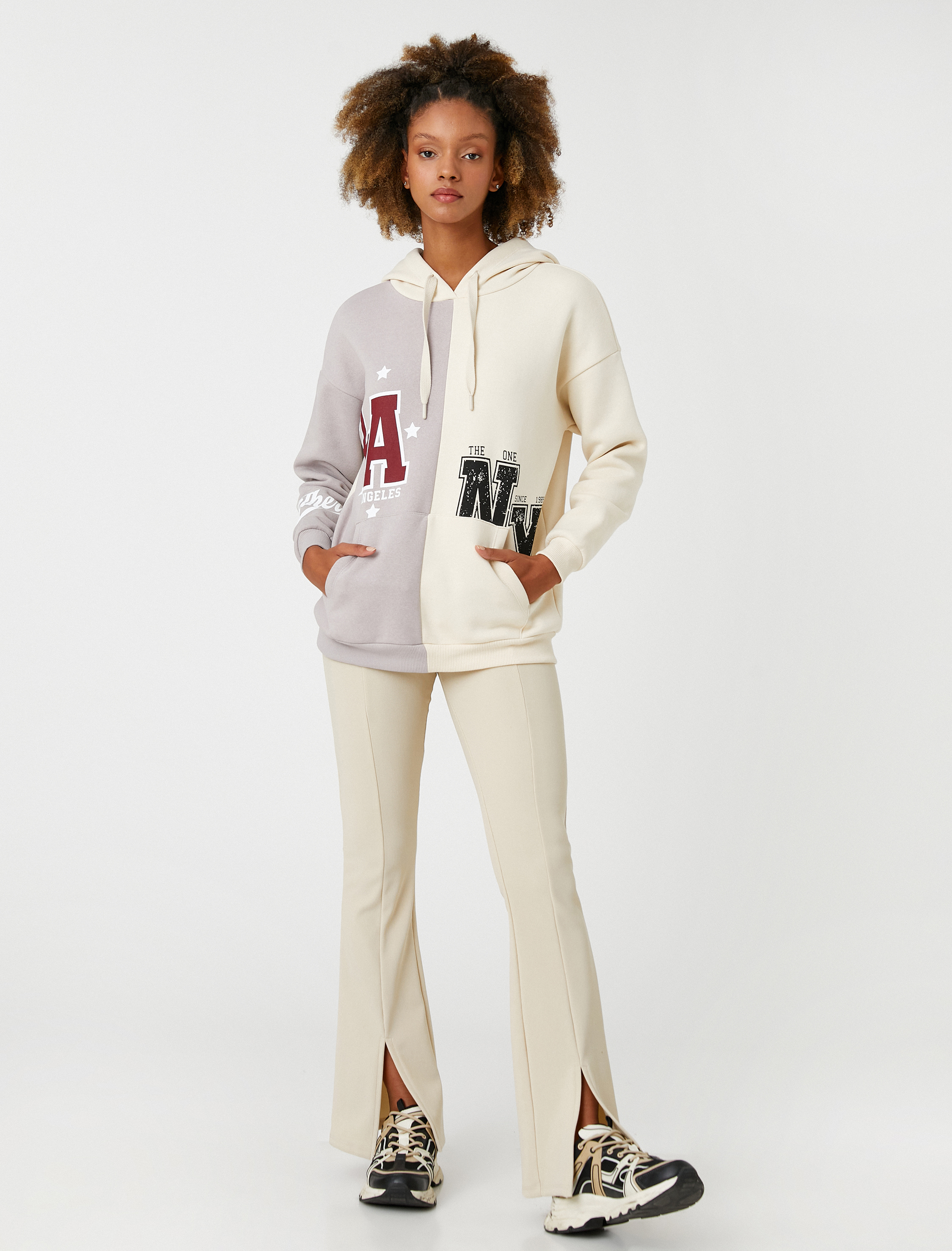   Kapüşonlu Sweatshirt Kolej Baskılı Kanguru Cepli Uzun Kollu İçi Polarlı