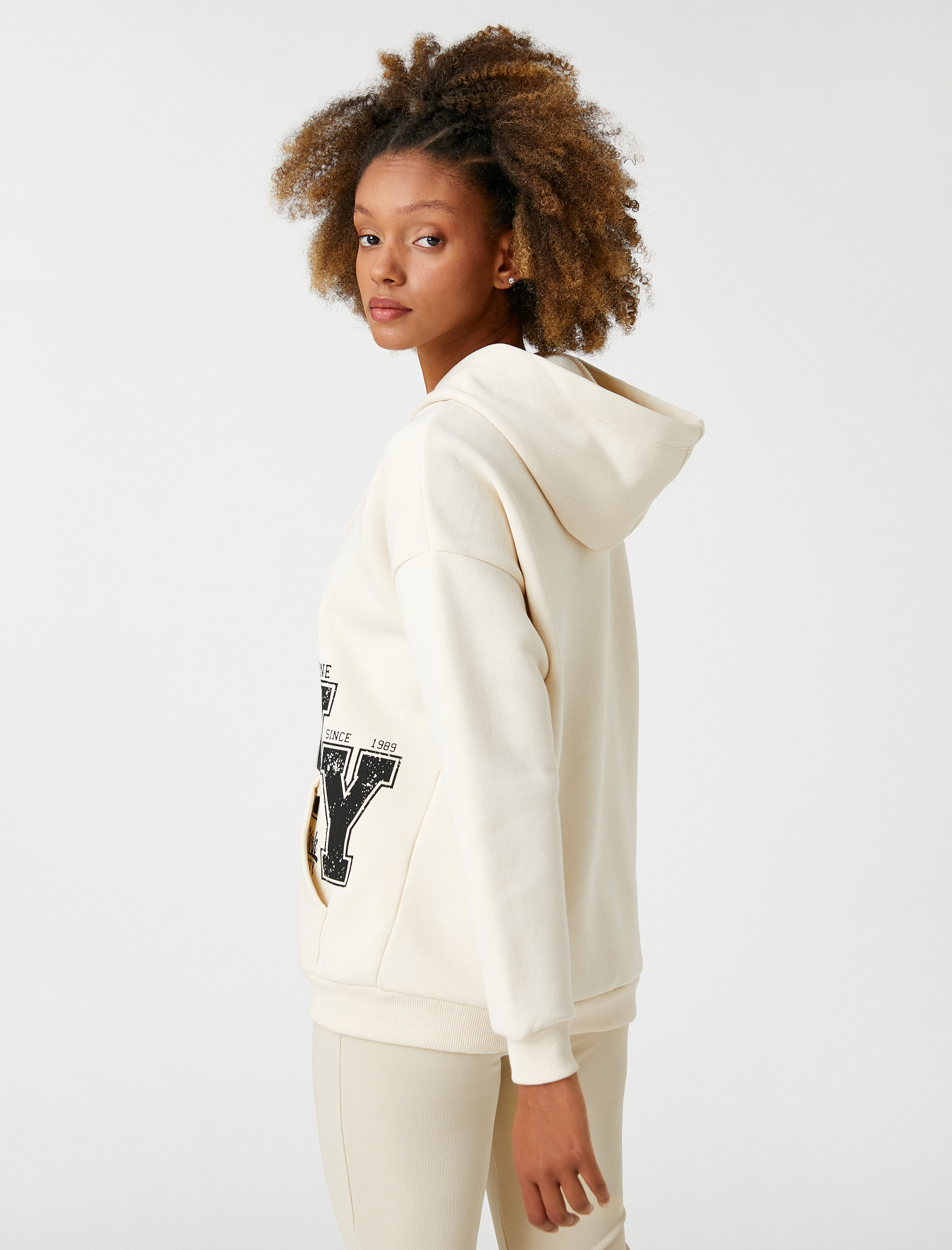   Kapüşonlu Sweatshirt Kolej Baskılı Kanguru Cepli Uzun Kollu İçi Polarlı