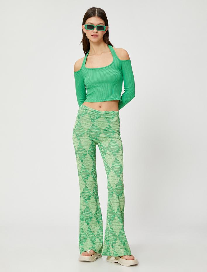  İspanyol Paça Pantolon Desenli Büzgü Detaylı