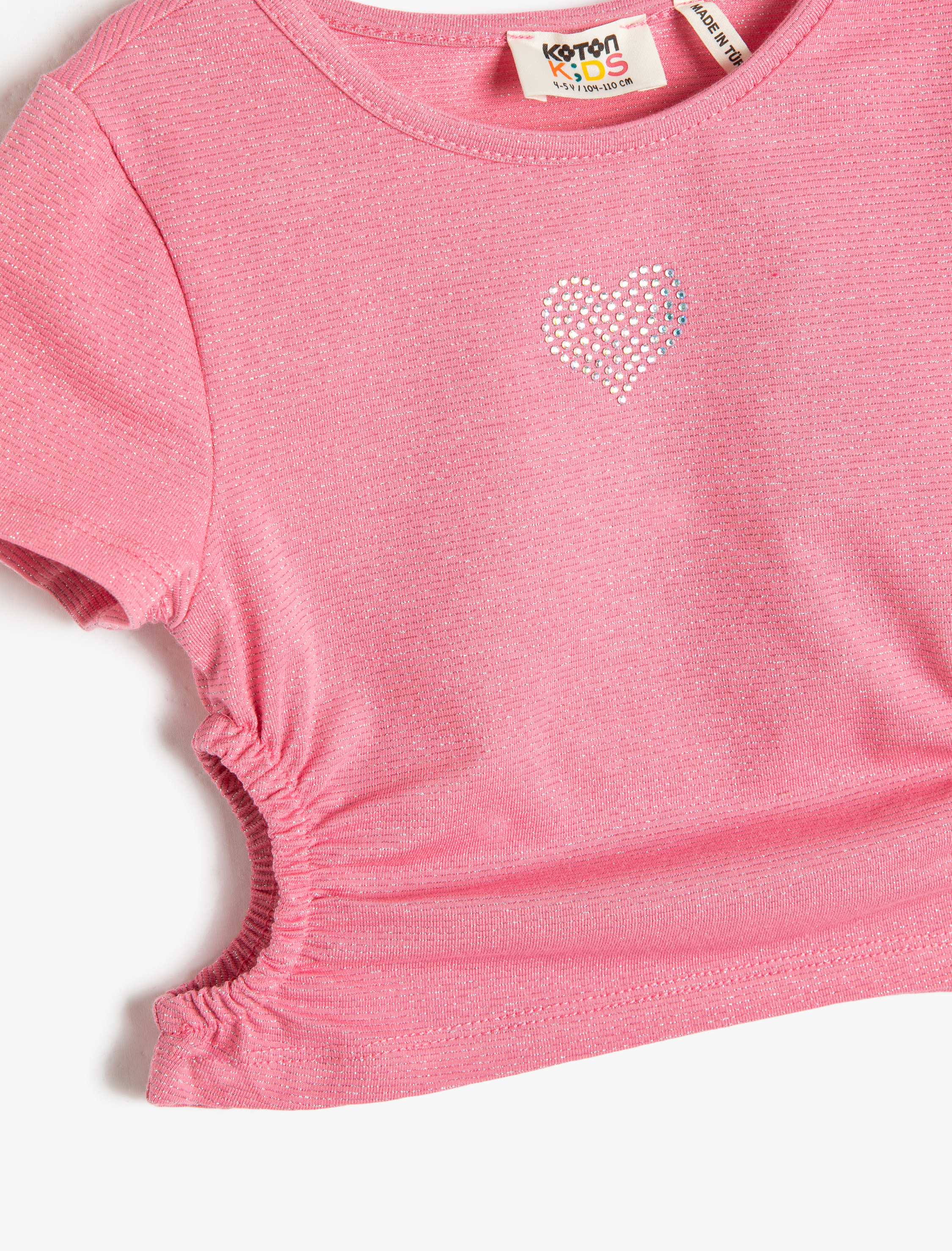  Kız Çocuk Crop Tişört Kısa Kollu Pencere Detaylı Yuvarlak Yaka Pamuklu