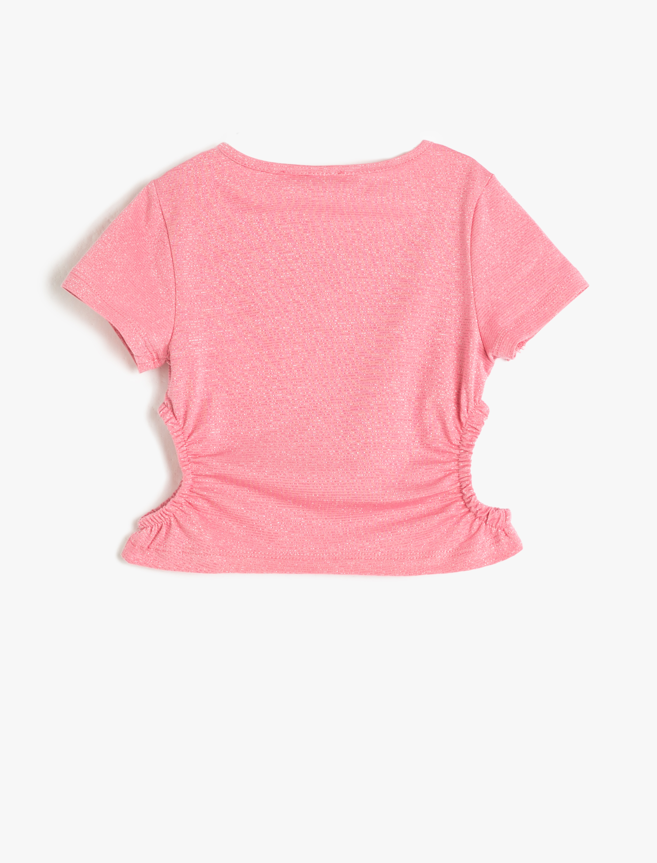  Kız Çocuk Crop Tişört Kısa Kollu Pencere Detaylı Yuvarlak Yaka Pamuklu