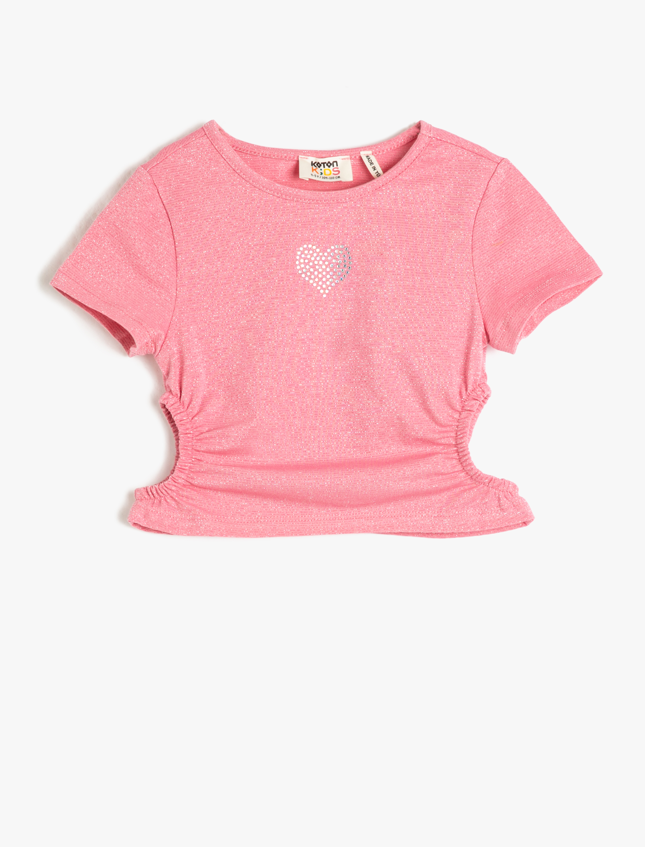  Kız Çocuk Crop Tişört Kısa Kollu Pencere Detaylı Yuvarlak Yaka Pamuklu