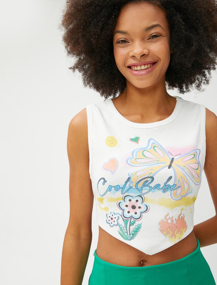  Baskılı Atlet Crop Asimetrik Kesim Bisiklet Yaka Fitilli