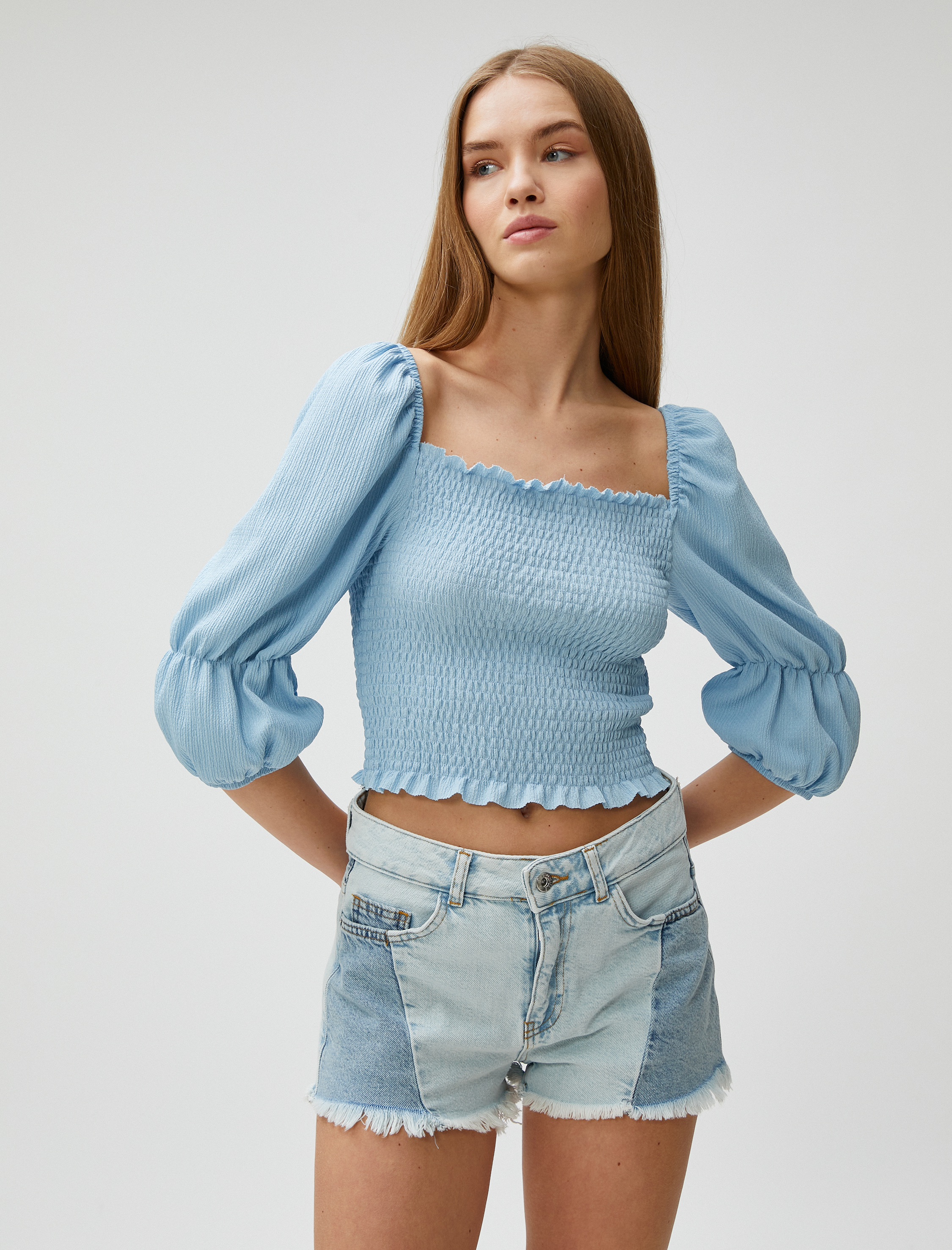 Crop Tişört Gipeli Balon Kollu Kare Yaka Bürümcük