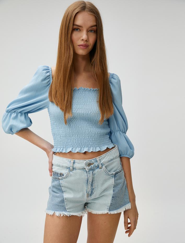  Crop Tişört Gipeli Balon Kollu Kare Yaka Bürümcük