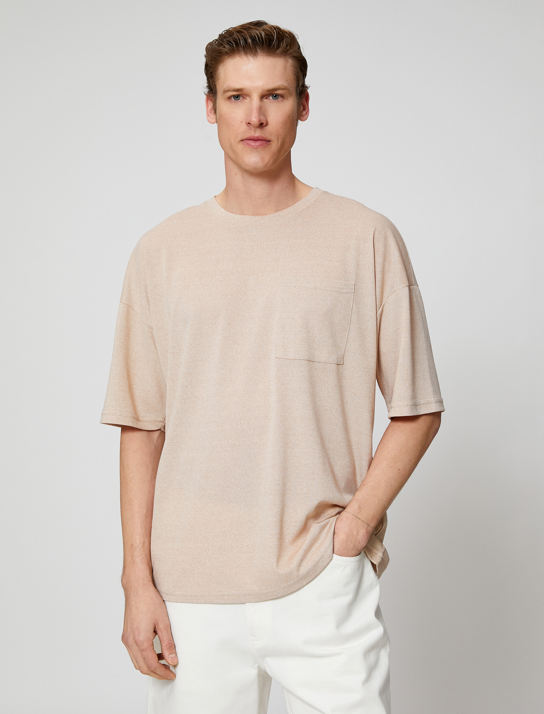   Basic Oversize Tişört Cep Detaylı Bisiklet Yaka Yarım Kollu