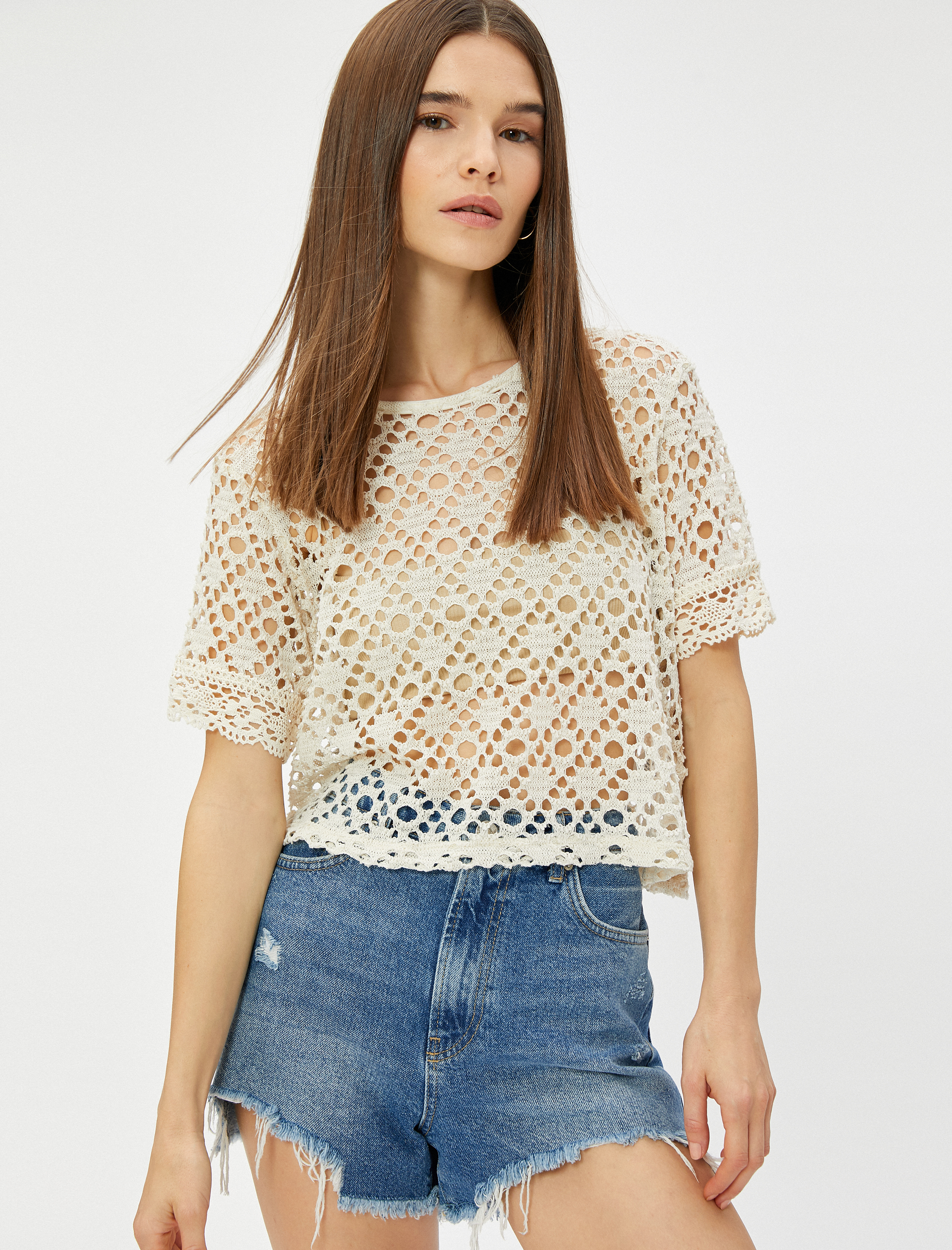   Ajurlu Kroşe Tişört File Bisiklet Yaka Kısa Kollu