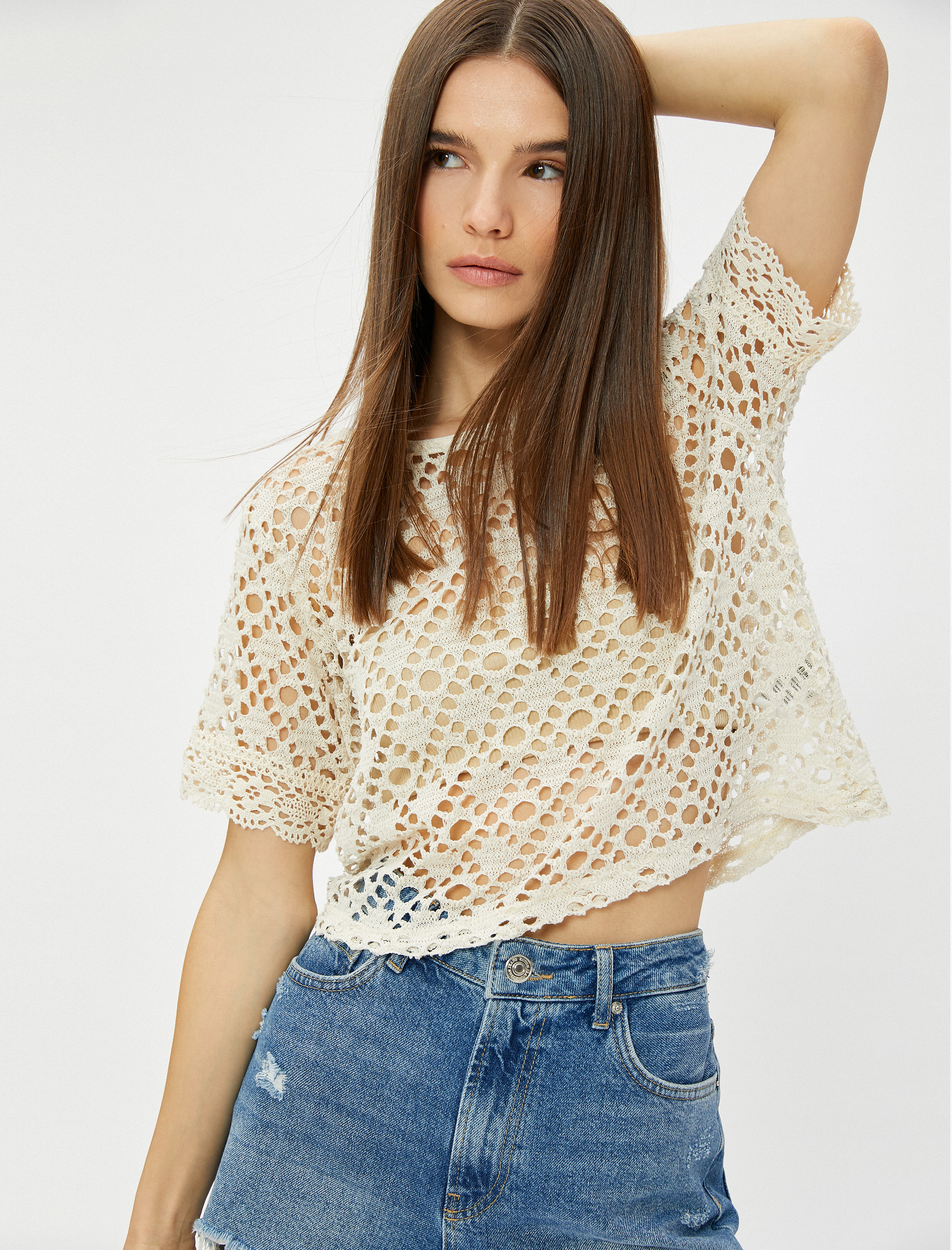   Ajurlu Kroşe Tişört File Bisiklet Yaka Kısa Kollu