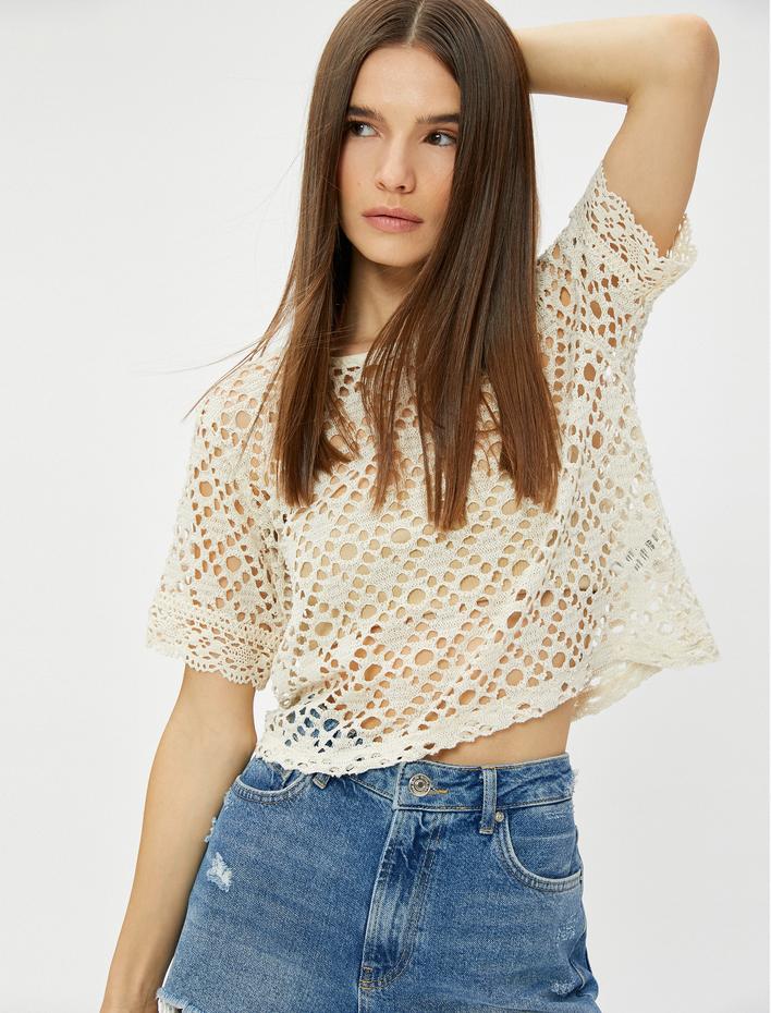  Ajurlu Kroşe Tişört File Bisiklet Yaka Kısa Kollu