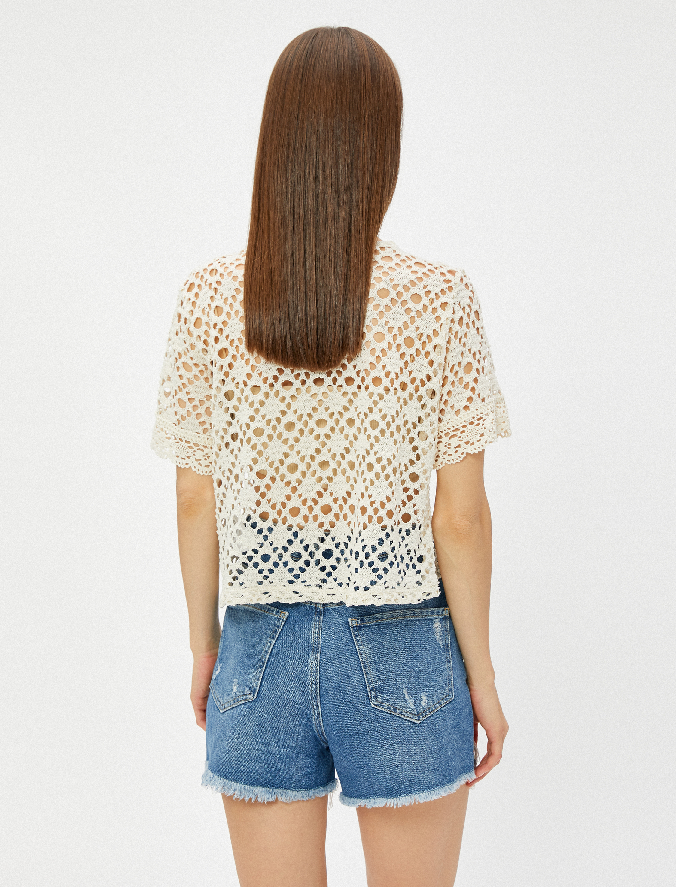   Ajurlu Kroşe Tişört File Bisiklet Yaka Kısa Kollu