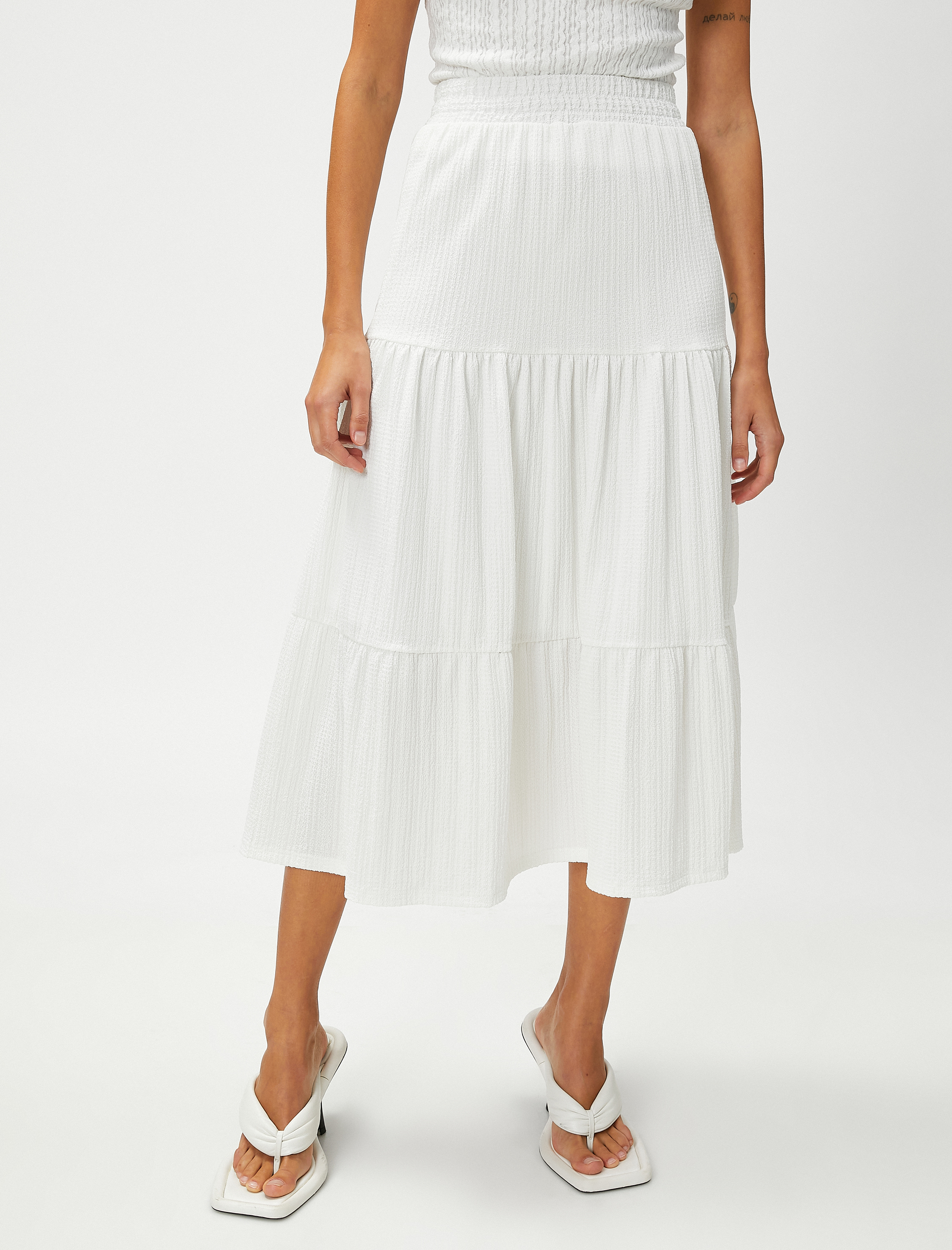   Katlı Midi Etek Beli Lastikli