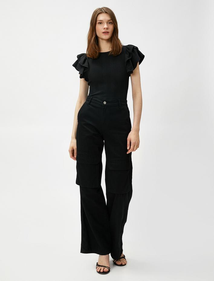  Kolları Volan Detaylı Tişört Bisiklet Yaka