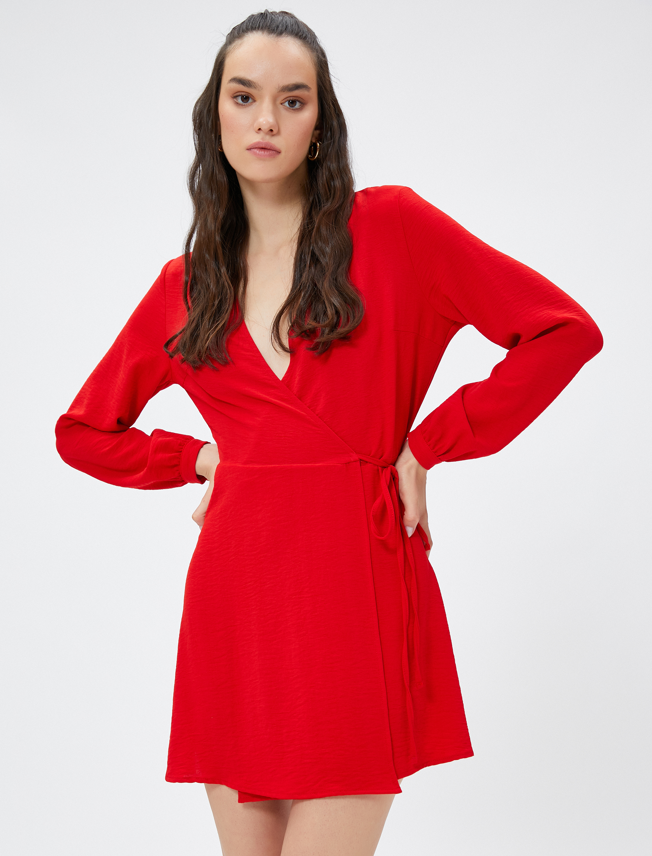   Anvelop Mini Elbise Bağlama Detaylı V Yaka