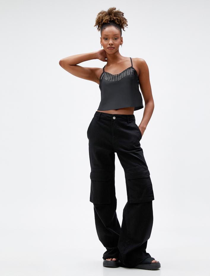  Saten Büstiyer Crop Parlak Taş İşlemeli İnce Askılı