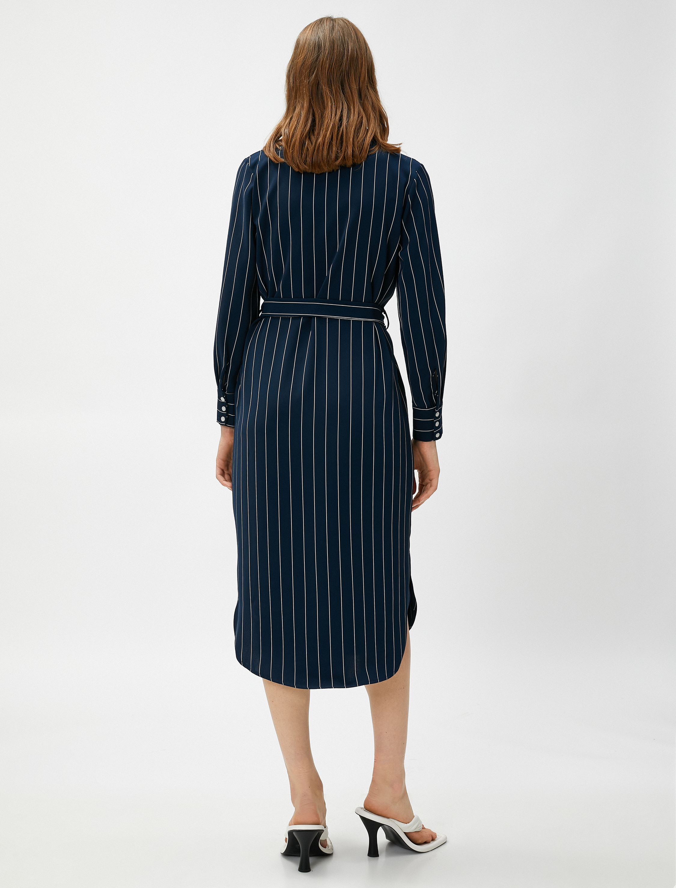   Midi Boy Gömlek Elbise Kuşaklı Yırtmaçlı