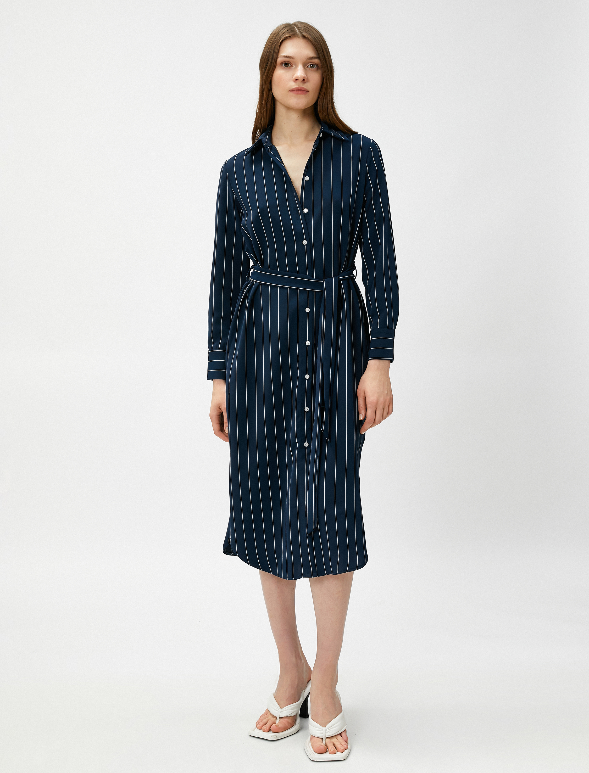   Midi Boy Gömlek Elbise Kuşaklı Yırtmaçlı