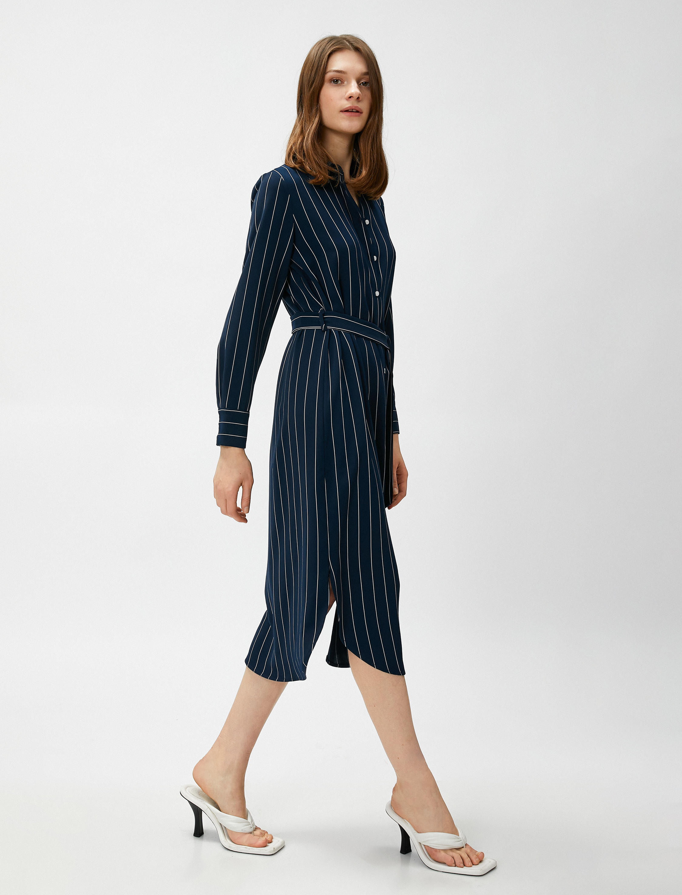   Midi Boy Gömlek Elbise Kuşaklı Yırtmaçlı