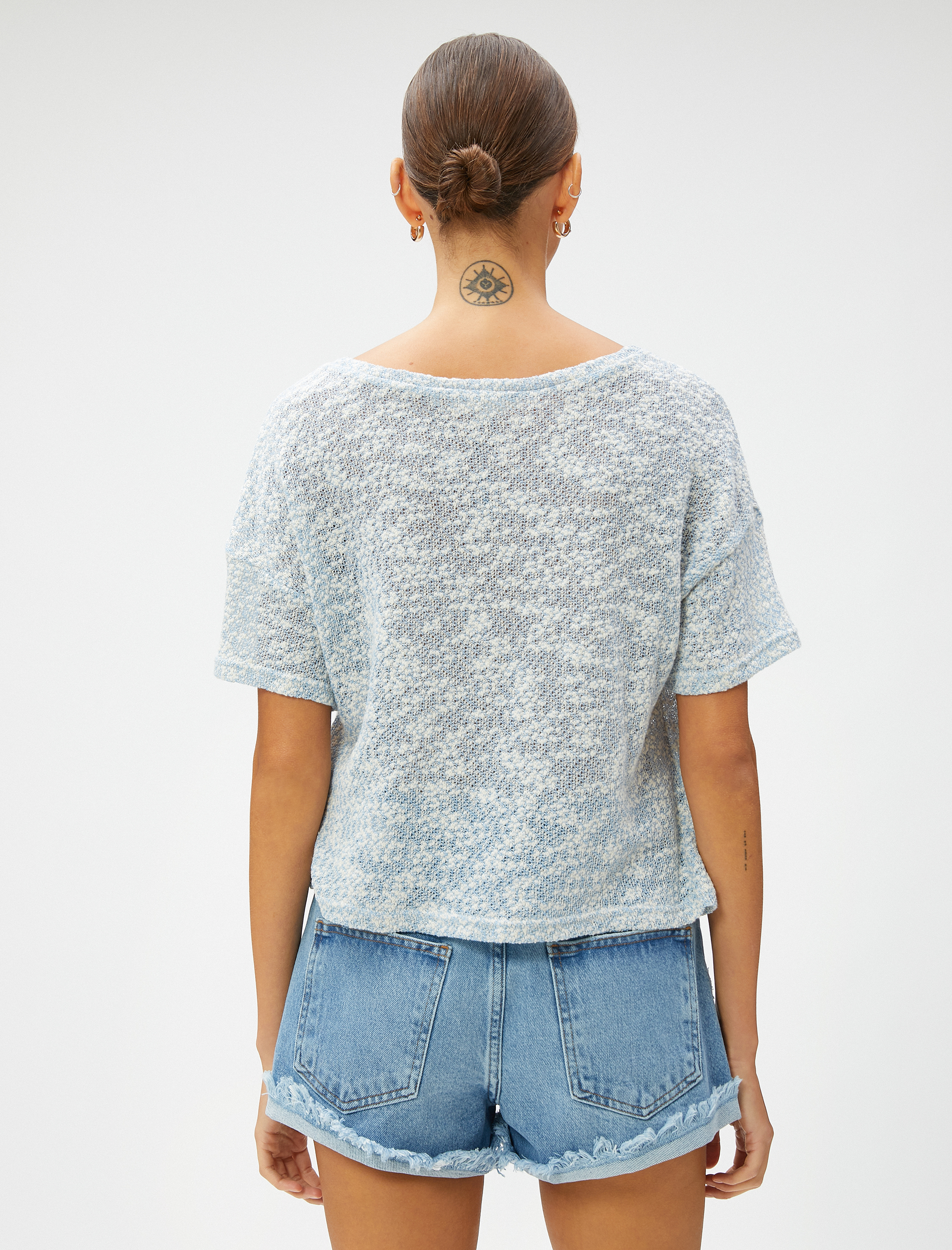   Kayık Yaka Bluz Kısa Kollu Pamuklu